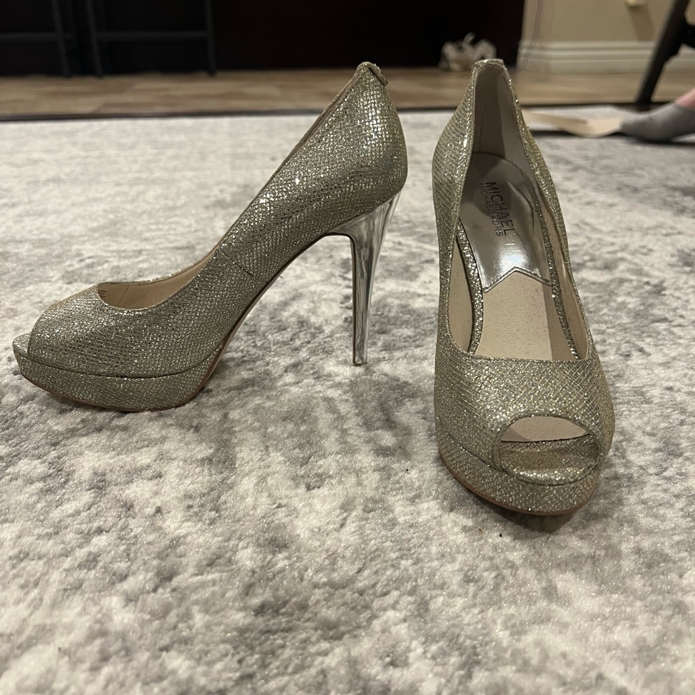 Michael Kors Glittering Silver Peep-Toe Heels